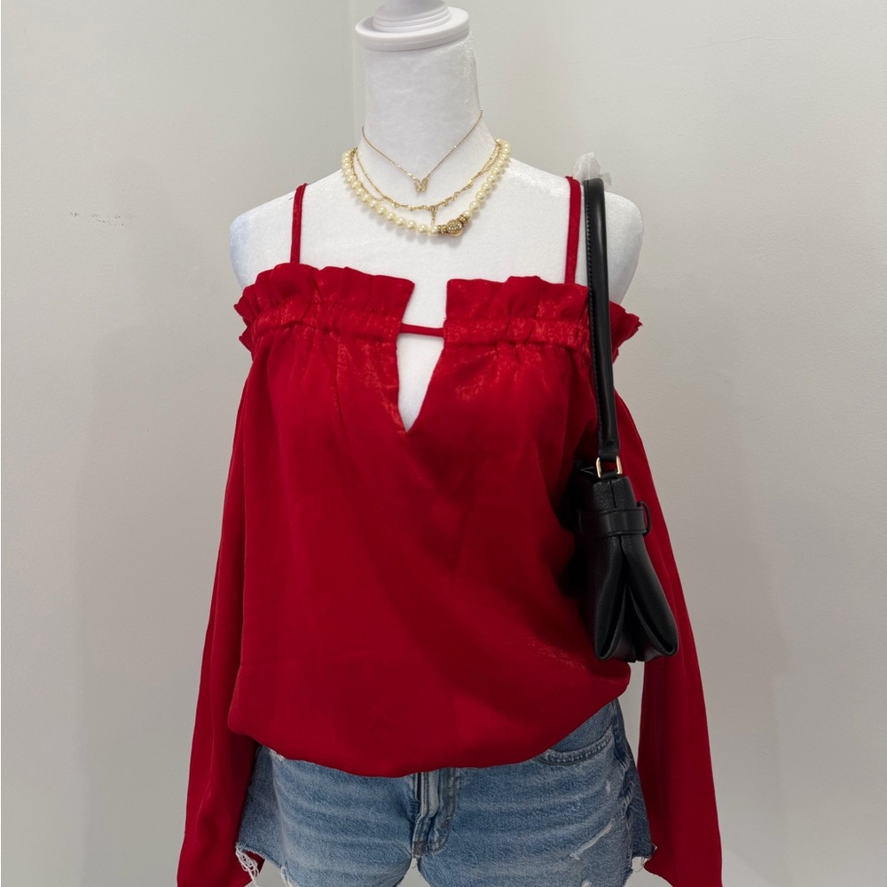 Red long sleeve top with cut out detail off shoulder Size: L